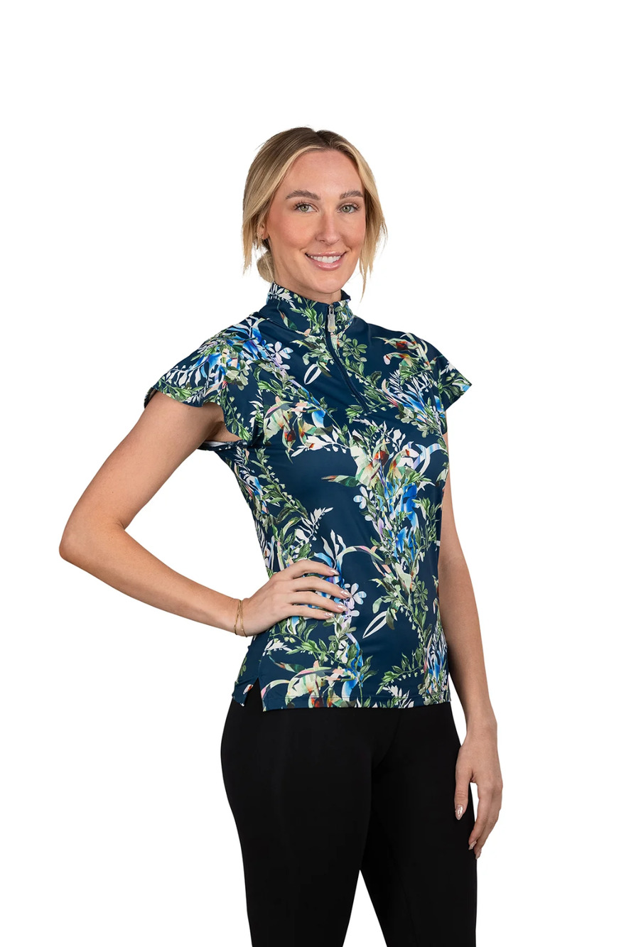 Kastel Denmark Flutter Sleeve 1/4 Zip Top Size Large Sailor Blue Botanical NEW